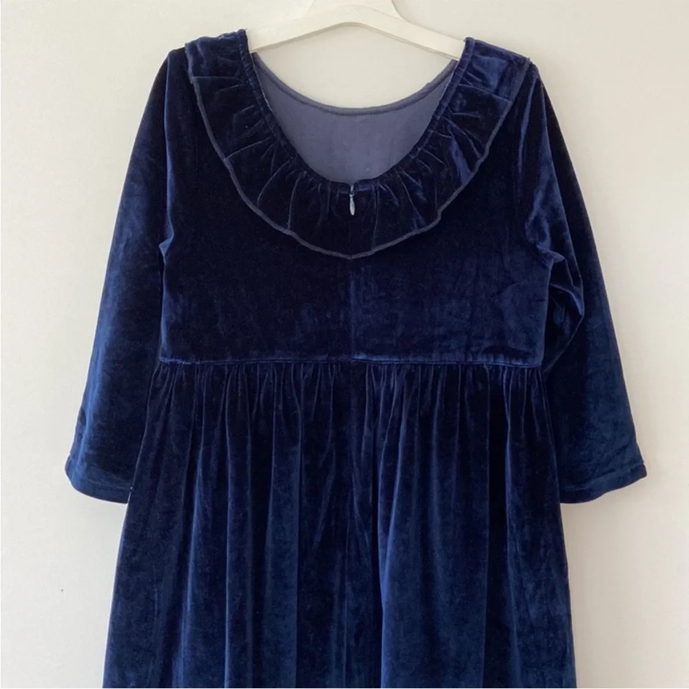 Pink Chicken Rich Navy Velvet Party Occasion Dress w Ruffle Collar- 5 T Girl